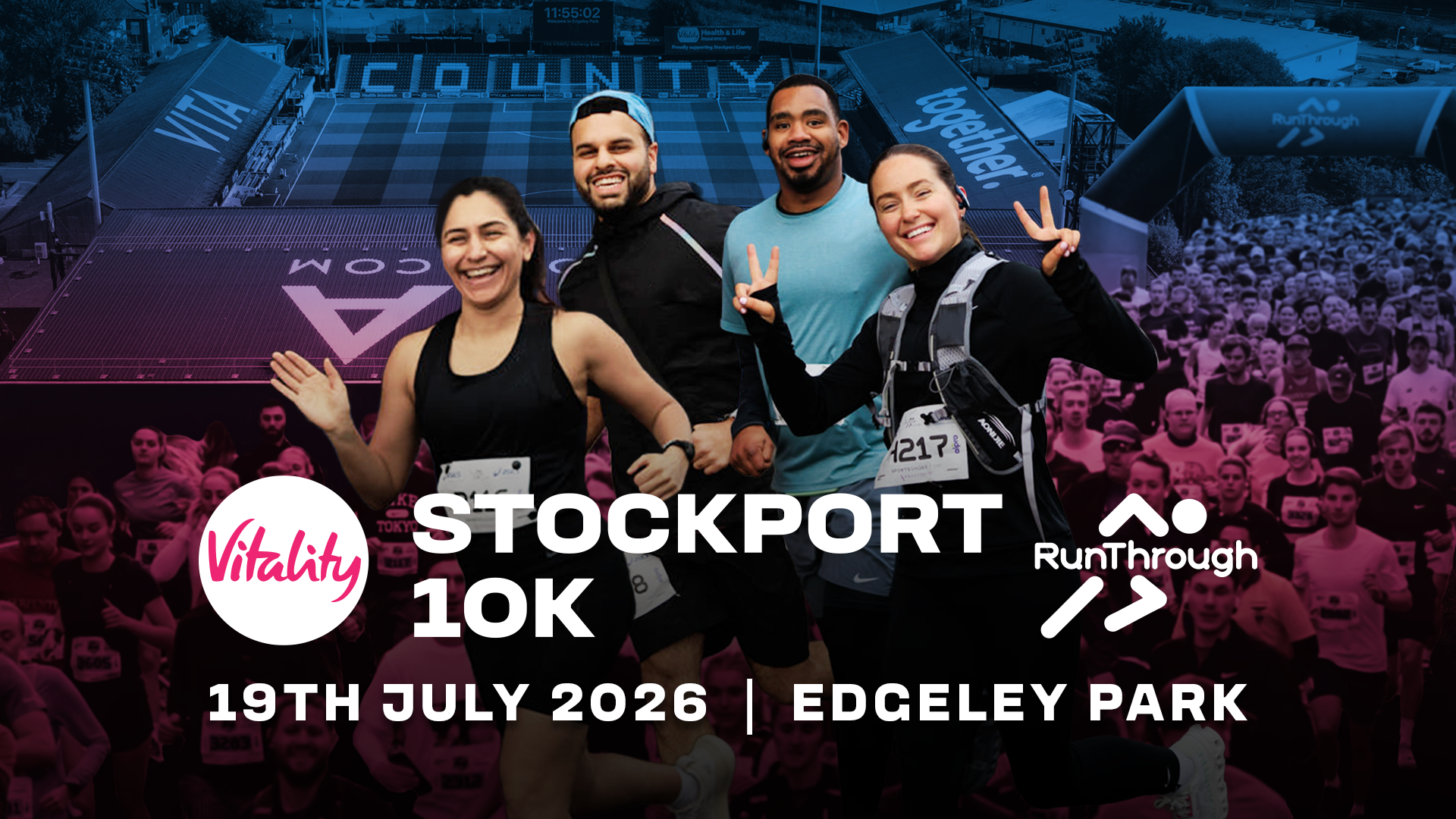 Promotional graphic for the inaugural Vitality Stockport 10K at Edgeley Park on 19 July 2026, featuring runners and RunThrough and Vitality branding.