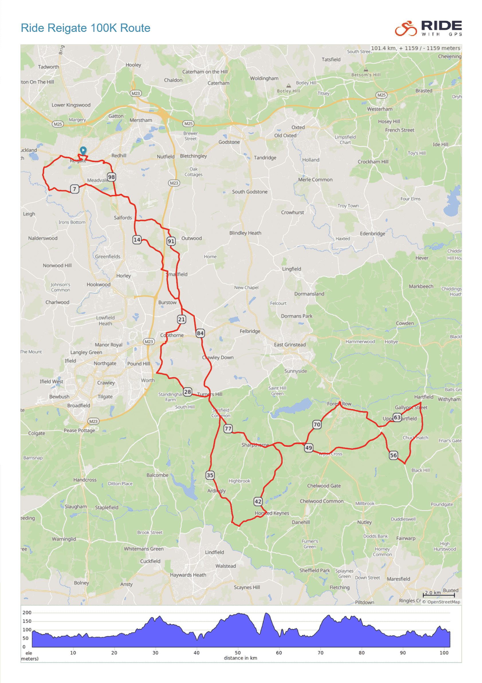 Ride Reigate 100k, 50, 25k & Junior Races July 2026 route information